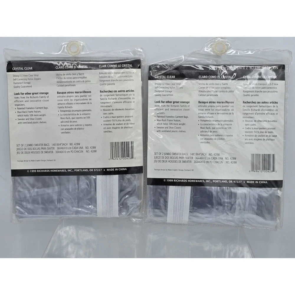 4 Bags - Multi Sweater Garment Storage Vinyl Cover Ups by Richards 14x18x4 NEW